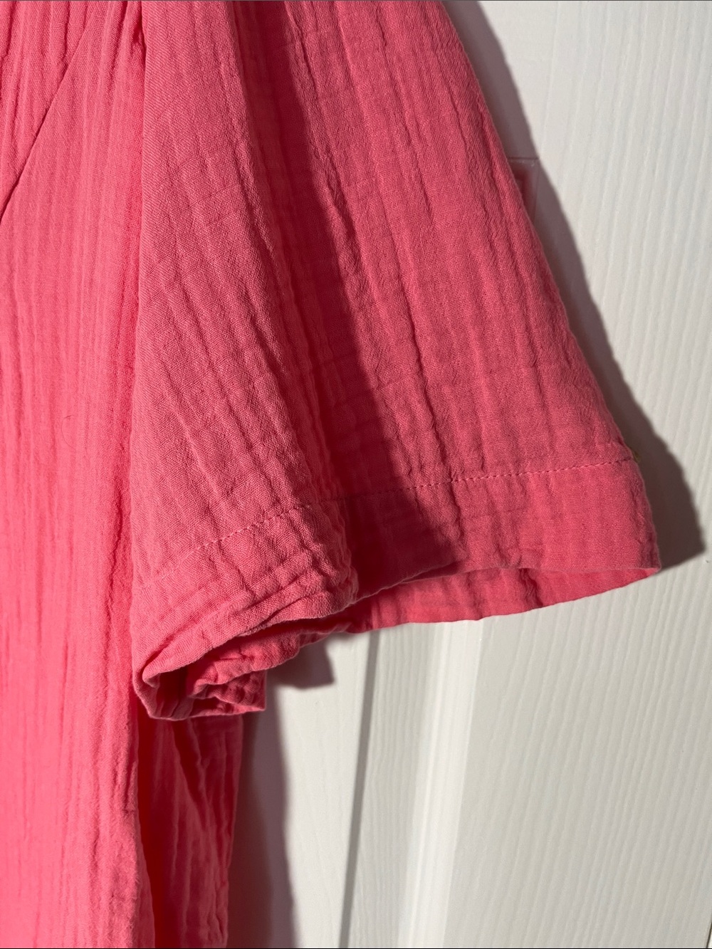 Sundance KAORI cotton crinkle gauze coral pullover short bell sleeves vneck LG - Picture 5 of 9